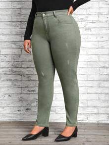 SHEIN LUNE Plus High Waist Ripped Skinny Jeans - Army Green - View 3