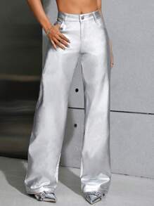 SHEIN ICON 素色闊腿牛仔褲 - 銀色 - 查看 1