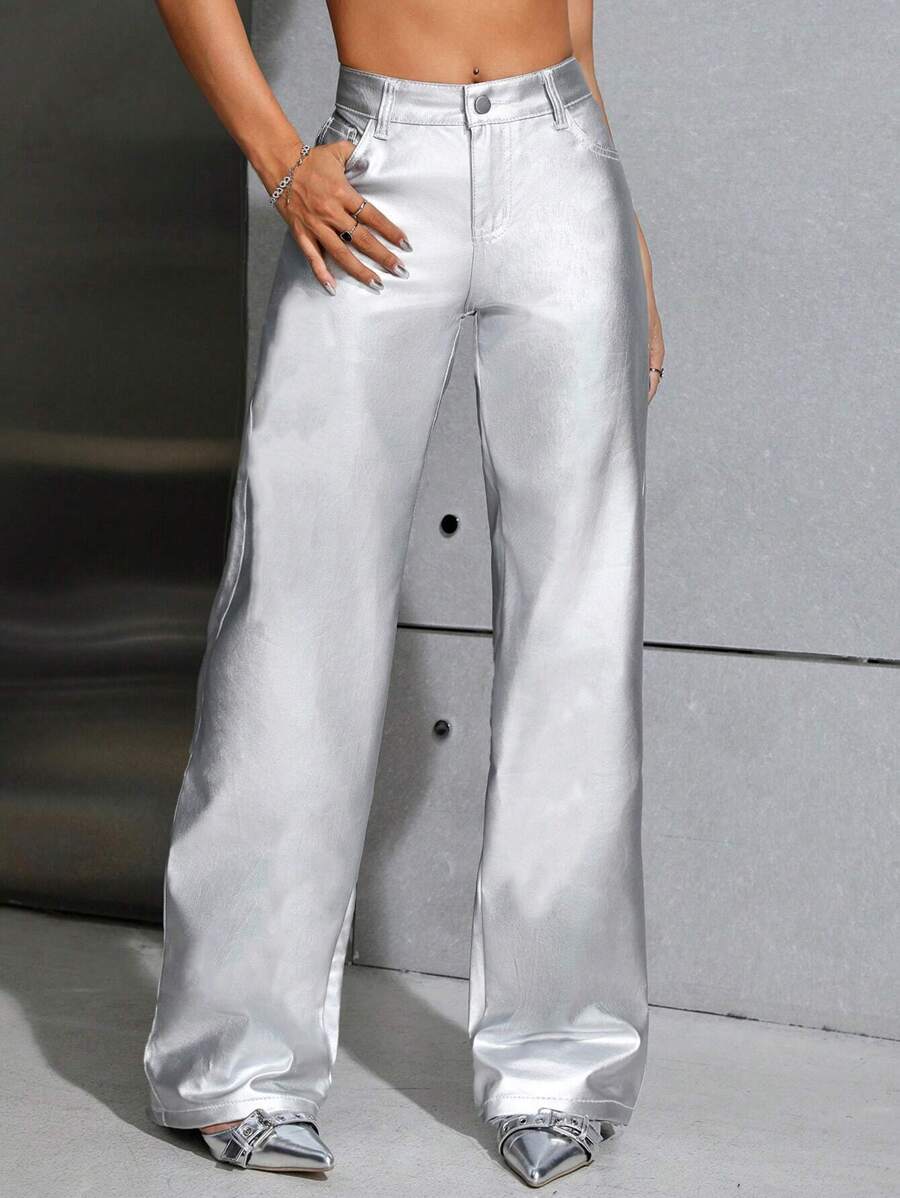 SHEIN ICON 素色闊腿牛仔褲 - 銀色 - 查看 1