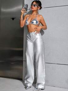 SHEIN ICON 素色闊腿牛仔褲 - 銀色 - 查看 2