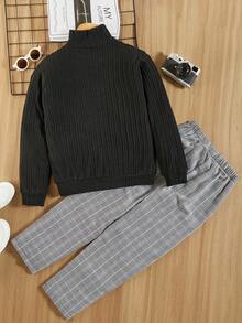 SHEIN Tween Boy Mock Neck Textured Knit Sweatshirt & Plaid Pants - Black - View 2