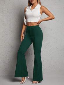 SHEIN PETITE High Waist Flare Leg Pants - Dark Green - View 4