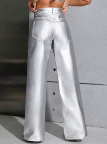 SHEIN ICON 素色闊腿牛仔褲 - 銀色 - 查看 3