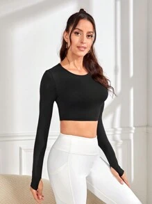 SHEIN Yoga Basic Cut Out Back Crop Sports Tee - Black - View 5