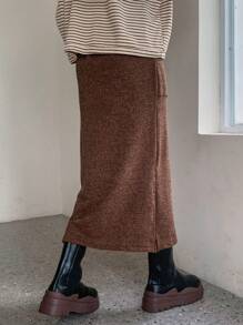FRIFUL 冬季纯色抽绳腰部开衩下摆半身裙 - 咖啡棕 - 查看 2