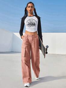 SHEIN EZwear 翻蓋口袋工裝褲 - 粉色 - 查看 1