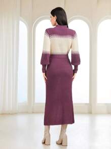 Mulvari Vestido de punto de color combinado de cuello alto con cinturón