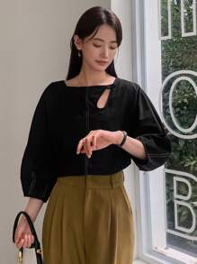FRIFUL Cut Out Top-stitching Drop Shoulder Blouse - Black - View 7