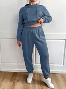 Calvaya Plus Drop Shoulder Drawstring Hoodie & Sweatpants - Blue - View 1