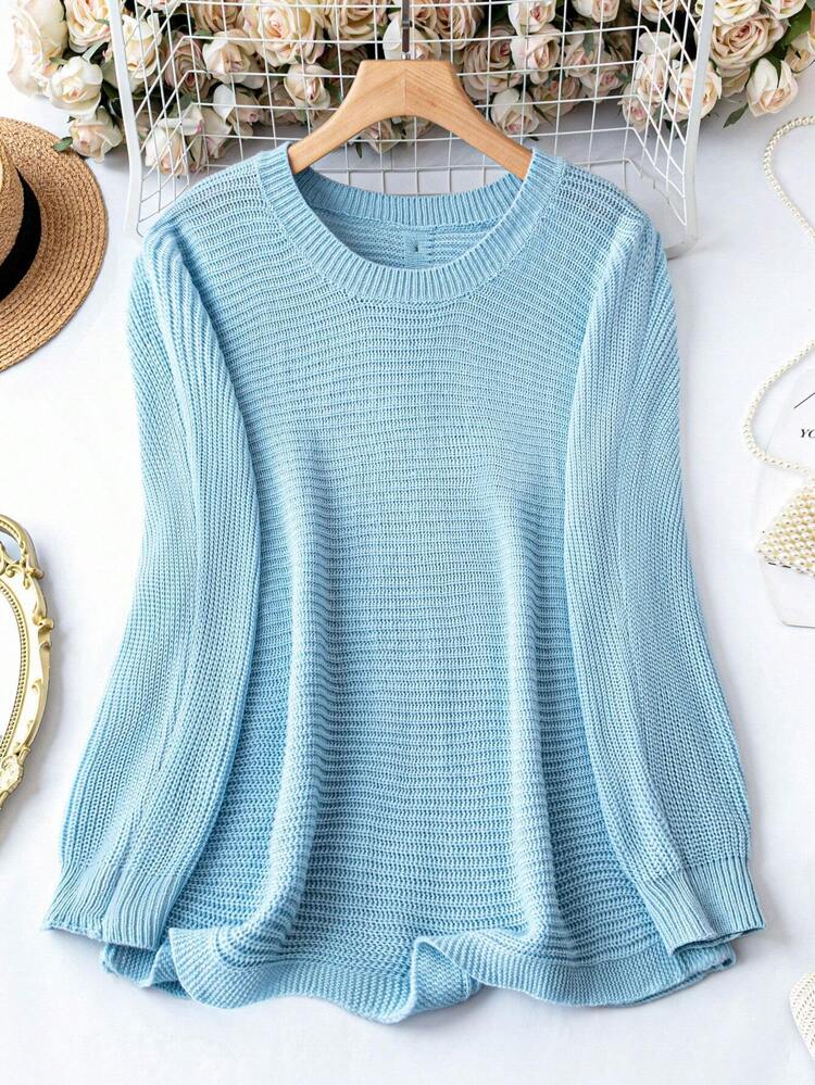 Plus Solid Button Detail Sweater Knit Pullover Fall Winter Sweater