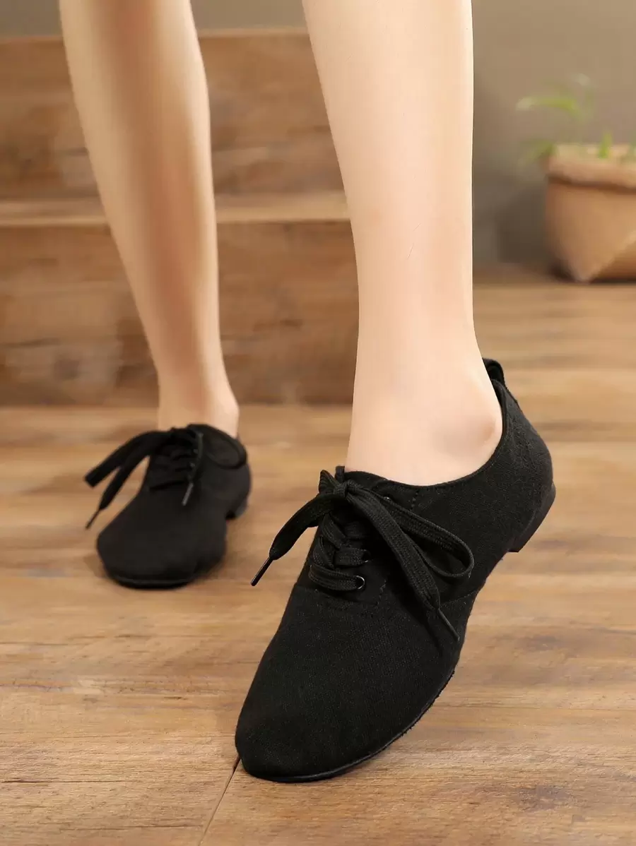 女性爵士樂舞鞋防滑帆布繫帶黑色舞蹈運動鞋跳舞鞋 - 黑色 - 查看 1
