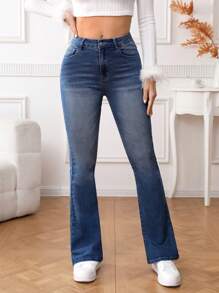 SHEIN Essnce Butterfly Embroidery Flare Leg Jeans - Medium Wash - View 2