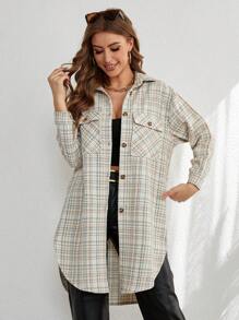 EURMUSE Plaid Print Drop Shoulder Flap Pocket Button Front Coat - Multicolor - View 5