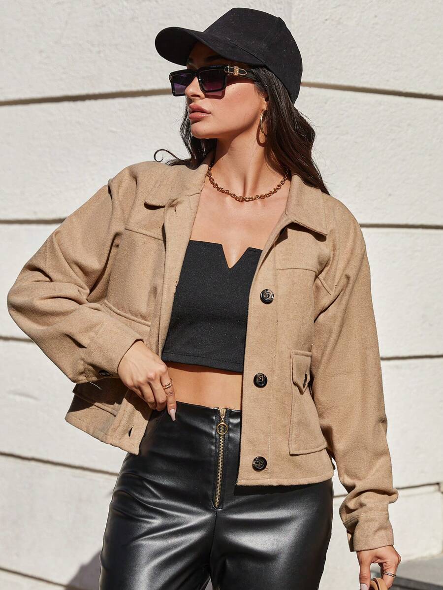 EURMUSE Flap Pocket Drop Shoulder Overcoat - Beige - View 1