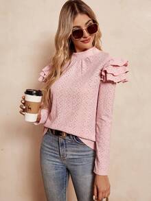 SHEIN Clasi 網眼刺繡小高領荷葉邊T恤 - 粉色 - 查看 4