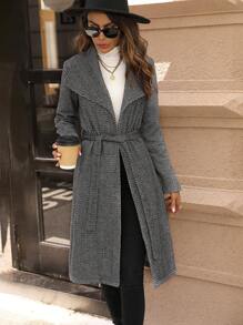 SHEIN Clasi Herringbone Print Slant Pocket Belted Overcoat Fall Cloth For Women - Black - View 4