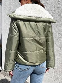 EURMUSE Borg Collar Drop Shoulder Zipper Puffer Coat - Olive Green - View 2