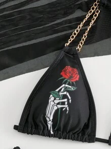 Skeleton & Floral Print Halter Triangle Bikini Set With Cover Up - Black - View 4