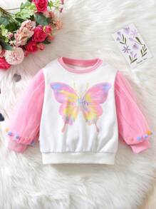 女嬰蝴蝶圖案網紗拼接燈籠袖運動衫 - 粉色 - 查看 1