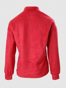 Pearls Beaded Mock Neck Drop Shoulder Fluffy Knit Sweater - Red - View 2