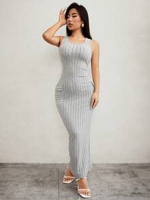 SHEIN SXY Vestido ajustado unicolor tejido de canalé - Gris - Ver 3