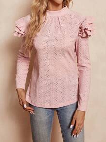 SHEIN Clasi 網眼刺繡小高領荷葉邊T恤 - 粉色 - 查看 3