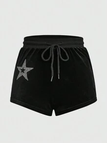 ROMWE Grunge Punk Star Rhinestone Pattern Drawstring Waist Velvet Shorts