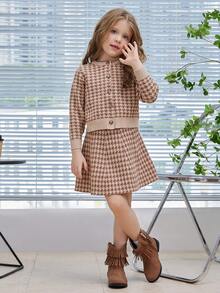 SHEIN Young Girl Houndstooth Pattern Cardigan & Knit Skirt - Multicolor - View 6