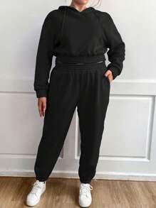 Calvaya Plus Drop Shoulder Drawstring Crop Hoodie & Sweatpants - Black - View 3