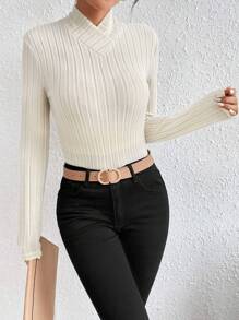 Chiquease Solid Mock Neck Ribbed Knit Tee - Apricot - View 5