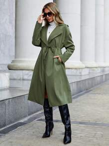 SHEIN Clasi 捲邊袖腰部抽繩風衣外套 - 軍綠色 - 查看 4