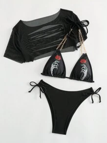 Skeleton & Floral Print Halter Triangle Bikini Set With Cover Up - Black - View 3