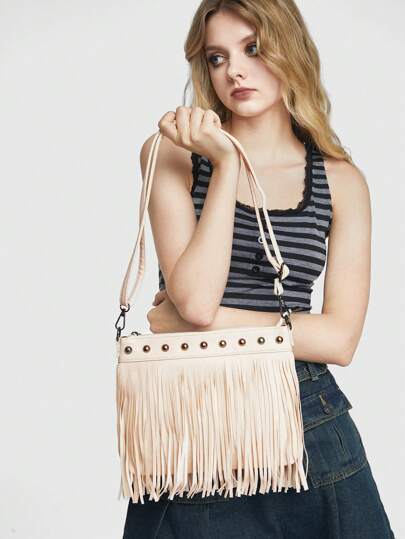 Grunge Punk حقيبة كتف وجسم مزينة بريفيت جلدية ناعمة وزخرفة على شكل الأهداب