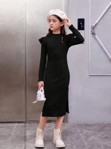 SHEIN Cô gái Tween Viền Ruffle Chi tiết Nút Viền chia cắt Đầm - màu đen - Xem 3