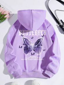 SHEIN EZwear 加大码蝴蝶标语图案抽绳保暖内衬卫衣 - 紫色 - 查看 1