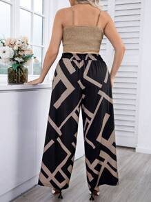 Calvaya Plus Solid Cami Top & Geo Print Tie Front Wide Leg Pants