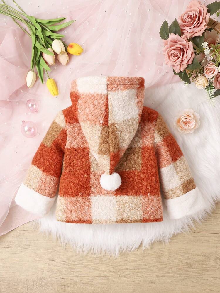 Baby Girl Plaid Pattern Double Pocket 3D Ear Design Hooded Teddy Lined Coat