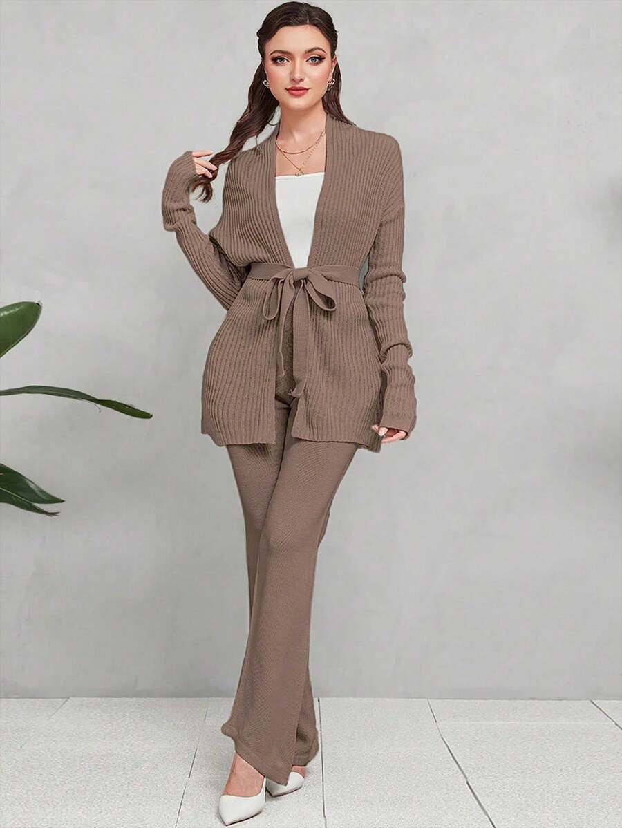 Mulvari Solid Belted Cardigan & Knit Pants 2 Pieces Set - Apricot - View 1
