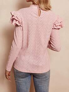 SHEIN Clasi 網眼刺繡小高領荷葉邊T恤 - 粉色 - 查看 2