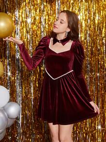 青少年女孩水鑽細節羊腿袖洋裝帶蝴蝶結適用於聖誕 - 酒紅色 - 查看 8