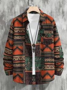 Manfinity Homme 男士几何图案长袖衬衫，纽扣图案彩色度假复古衬衫，秋季