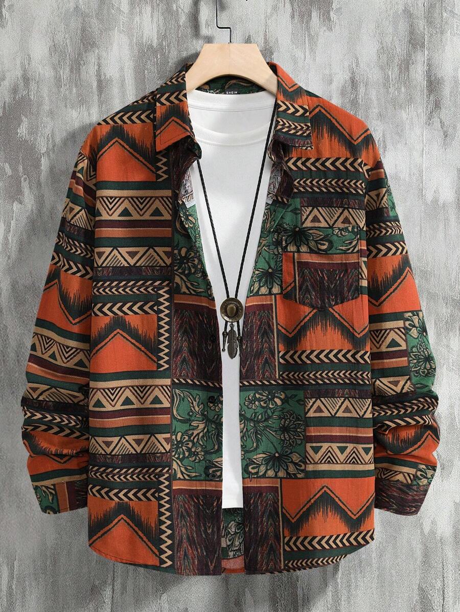 Manfinity Homme 男士几何图案长袖衬衫，纽扣图案彩色度假复古衬衫，秋季