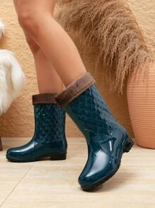 Women's Fashionable Waterproof, Non-slip And Warm Rain Boots - Dark Green - View 3