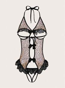 豹纹镂空吊带连体衣内衣 - 彩色 - 查看 1