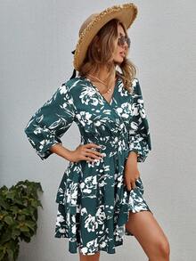 SHEIN VCAY Floral Print Lantern Sleeve Dress - Green - View 5