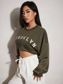 SHEIN Unity 字母圖案落肩袖短款運動衫 - 綠色 - 查看 7