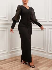 RueChic Contrast Mesh Lantern Sleeve Button Front Split Thigh Dress - Black - View 5