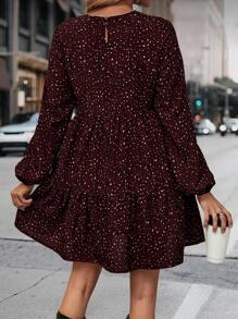 Breezaya 满版印花灯笼袖荷叶边下摆罩衫连衣裙 酒红色度假海滩装 女款 - 酒紅色 - 查看 2