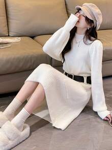 Mock Neck Pocket Patched Sweater Dress Without Belt - White - View 3