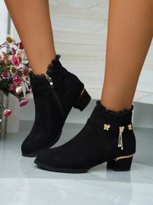 Botines y botitas de mujer con tacón de bloque a la moda que combinan con ropa de otoño, combinan con sudaderas con capucha a la moda, botas para mujer - Negro - Ver 1